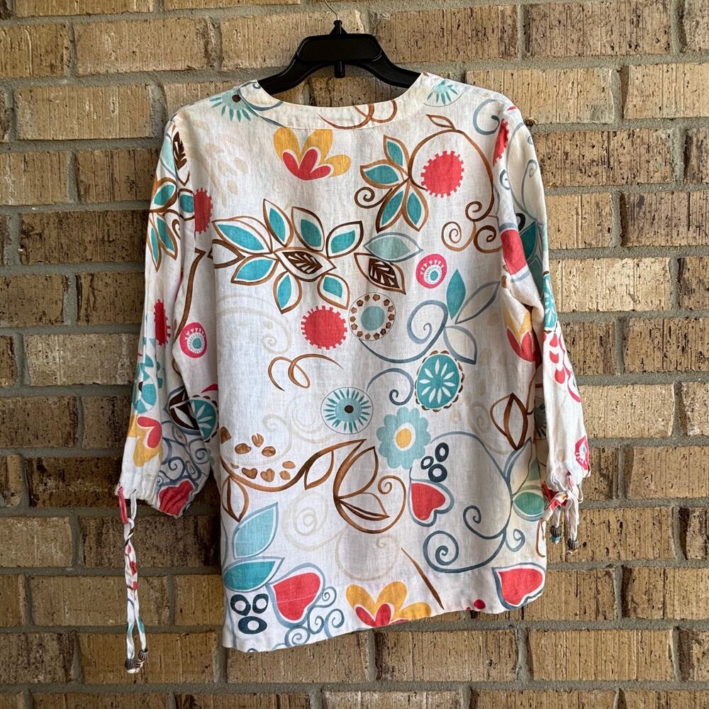 Hot Cotton 100% Linen Blouse Women’s Medium Boho Floral Print Tie Sleeve Top